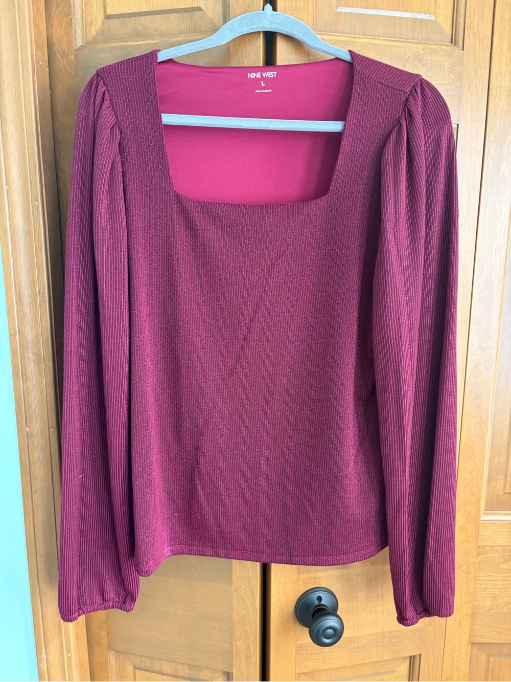Nine West Burgundy Ribbed Square-Neck Long Sleeve Top